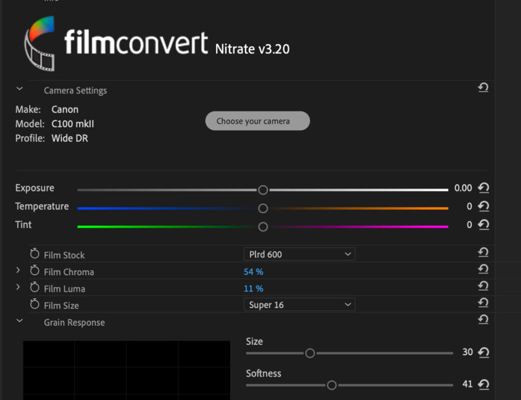 Captura pantalla de una parte de los settings del Filmconvert Nitrate